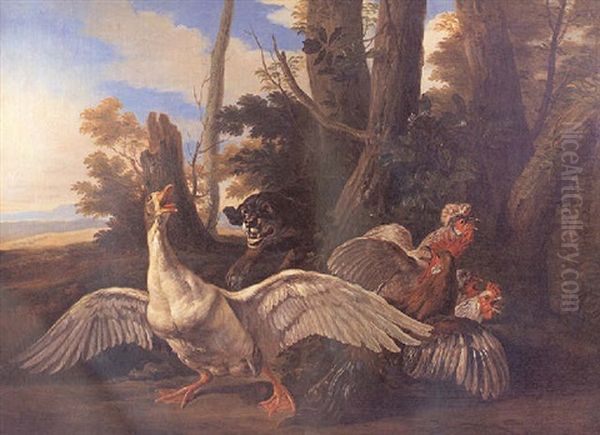 Perro Atacando A Un Pato Oil Painting by David de Coninck