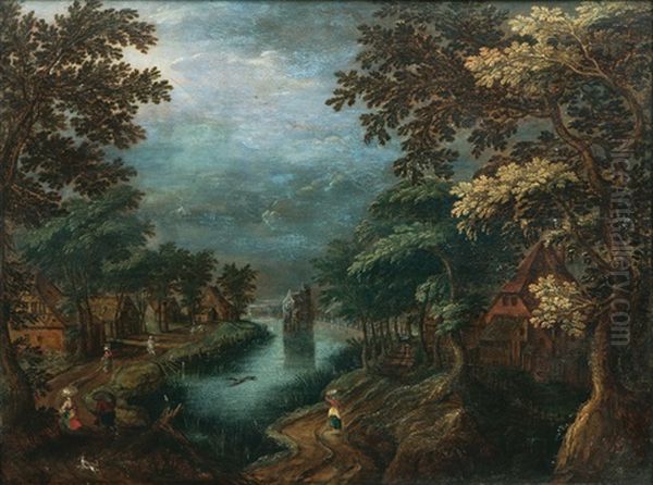 Village By A River Oil Painting by Gillis Van Coninxloo III