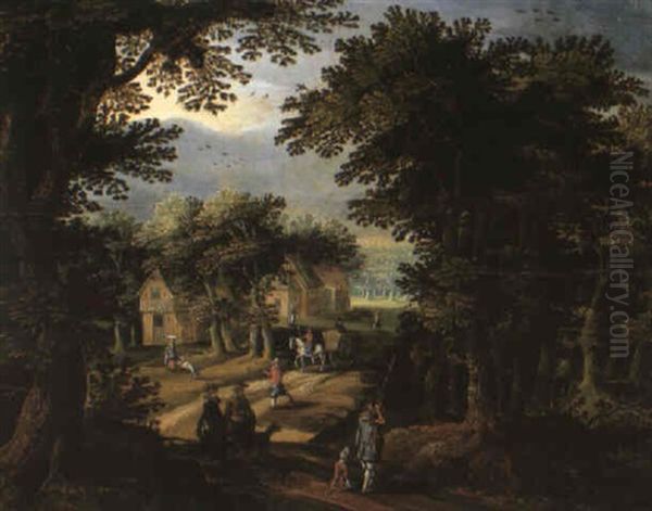 A Sportsman And An Elegant Couple On A Wooded Track Near A Village Oil Painting by Gillis Van Coninxloo III