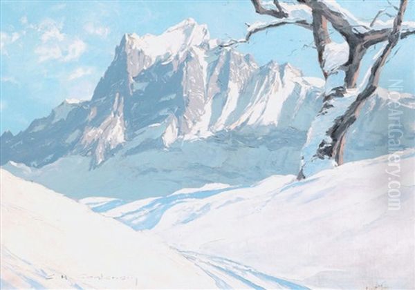 Le Wetterhorn En Hiver Oil Painting by Charles Henry Contencin
