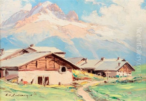 L'aiguille Verte Vue De Trelechamp Oil Painting by Charles Henry Contencin