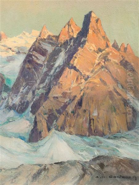 Soir Sur L'aiguille Du Peigne (aiguilles De Chamonix) Oil Painting by Charles Henry Contencin
