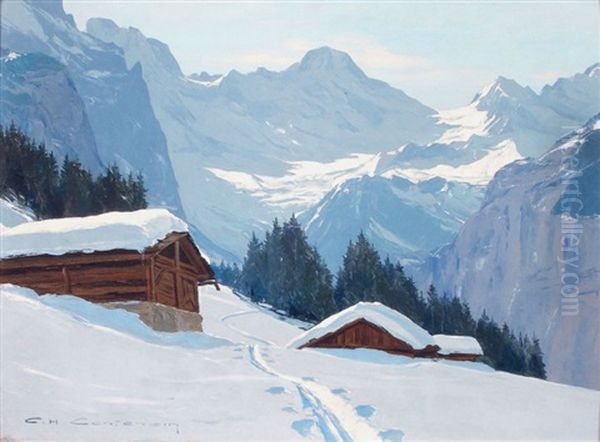 Neige A Wengen Et Le Breithorn Oil Painting by Charles Henry Contencin