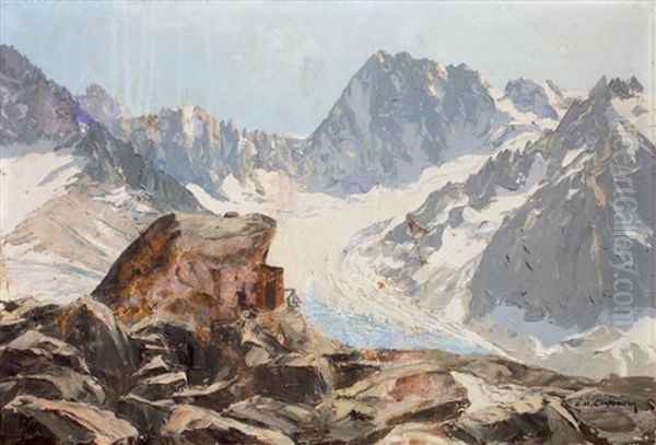 Refuge Du Couvercle Et Grandes Jorasses Oil Painting by Charles Henry Contencin