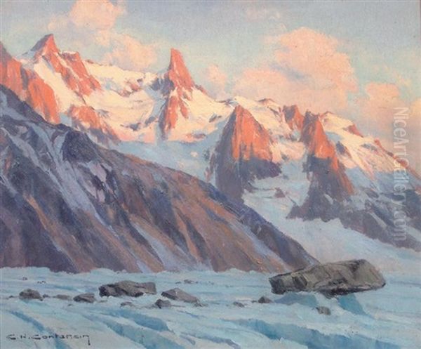 Soir Sur La Mer De Glace (aig. Du Geant) Oil Painting by Charles Henry Contencin