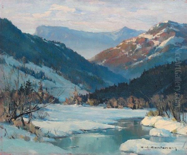 Riviere Dans La Vallee Enneigee Oil Painting by Charles Henry Contencin