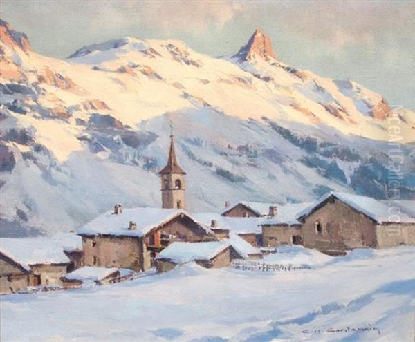 Soir D'hiver A Tignes Oil Painting by Charles Henry Contencin