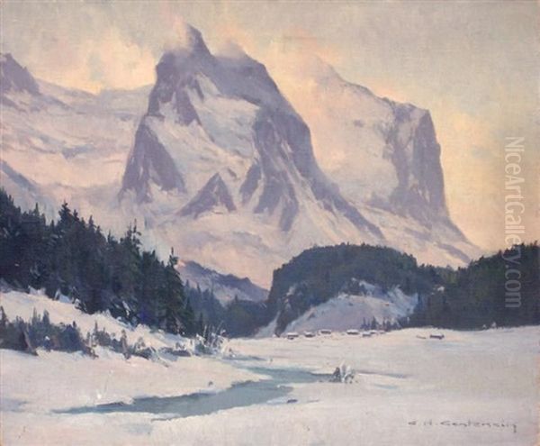 Hiver A Rosenlaui Wetterhorn Oil Painting by Charles Henry Contencin