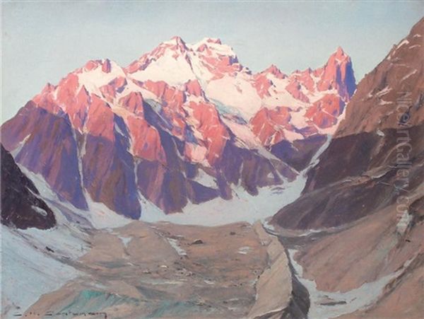 Lever De Soleil Sur L'ailefroide Oil Painting by Charles Henry Contencin