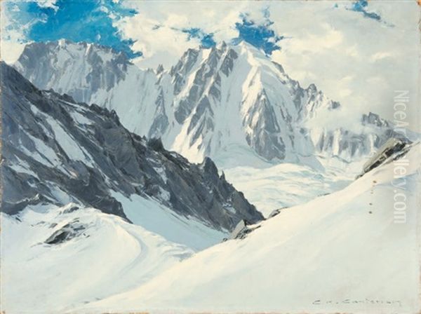 Le Col Du Chardonnet, Aiguille Verte Oil Painting by Charles Henry Contencin