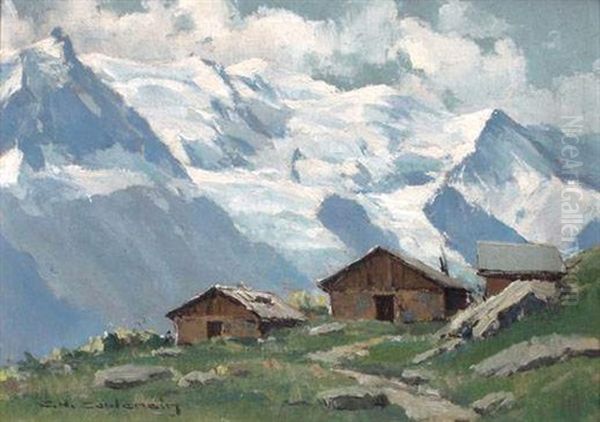 Les Chalets De Charlaing Et Le Mont Blanc Oil Painting by Charles Henry Contencin
