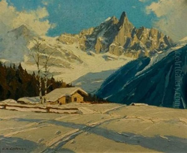 L'aiguille De Dru, Vue De Prey De Chamonix En Hiver (+ Porche D'eglise En Montagne; 2 Works) Oil Painting by Charles Henry Contencin