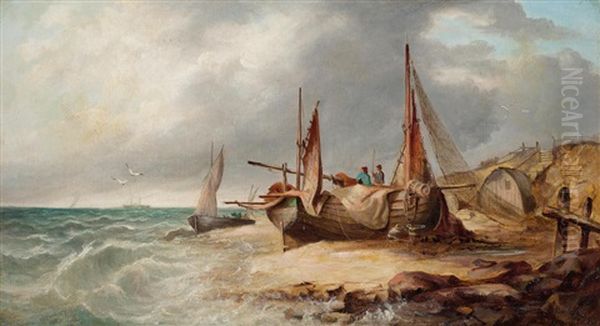 A Coastal View With Fishing Boats Ashore Oil Painting by Edward William Cooke
