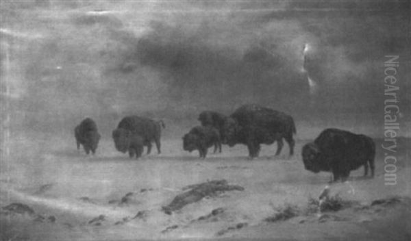 Panoramic Landscape With Buffalo And Native American Oil Painting by Astley David Middleton Cooper