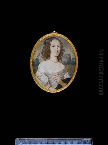 A Lady (sarah, Lady Carew?) Wearing White Silk Dress, The Sleeve Slashed To Reveal White Underslip, Black Cloak Over Her Left Arm And Pearl Necklace Oil Painting by Samuel Cooper