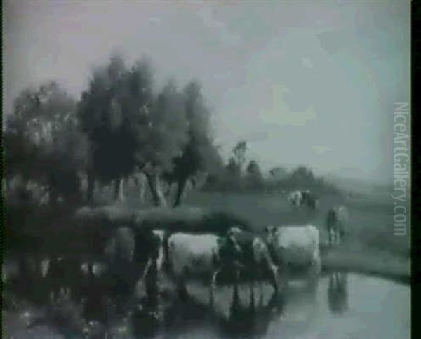 Watering Cows In Landscape Oil Painting by William Sidney Cooper