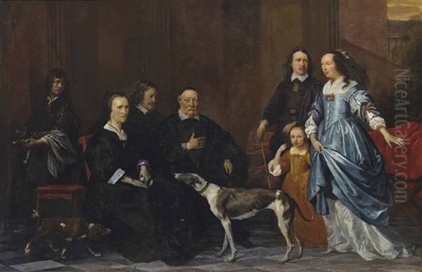 A Group Portrait Of A Family With Their Hounds And An Attendant In An Interior Oil Painting by Gonzales Coques