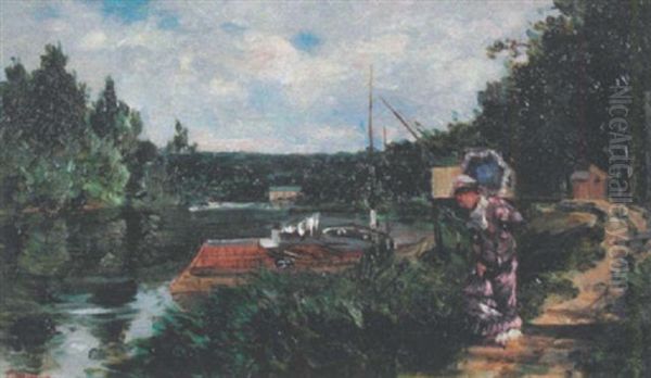 Elegante Au Bord De La Seine Oil Painting by Ricardo (Federico) Corchon y Diaque