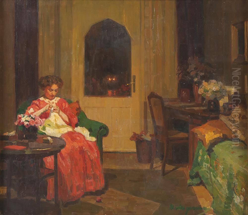 Dame Bei Der Handarbeit Im Salon Oil Painting by Hermann Angermeyer