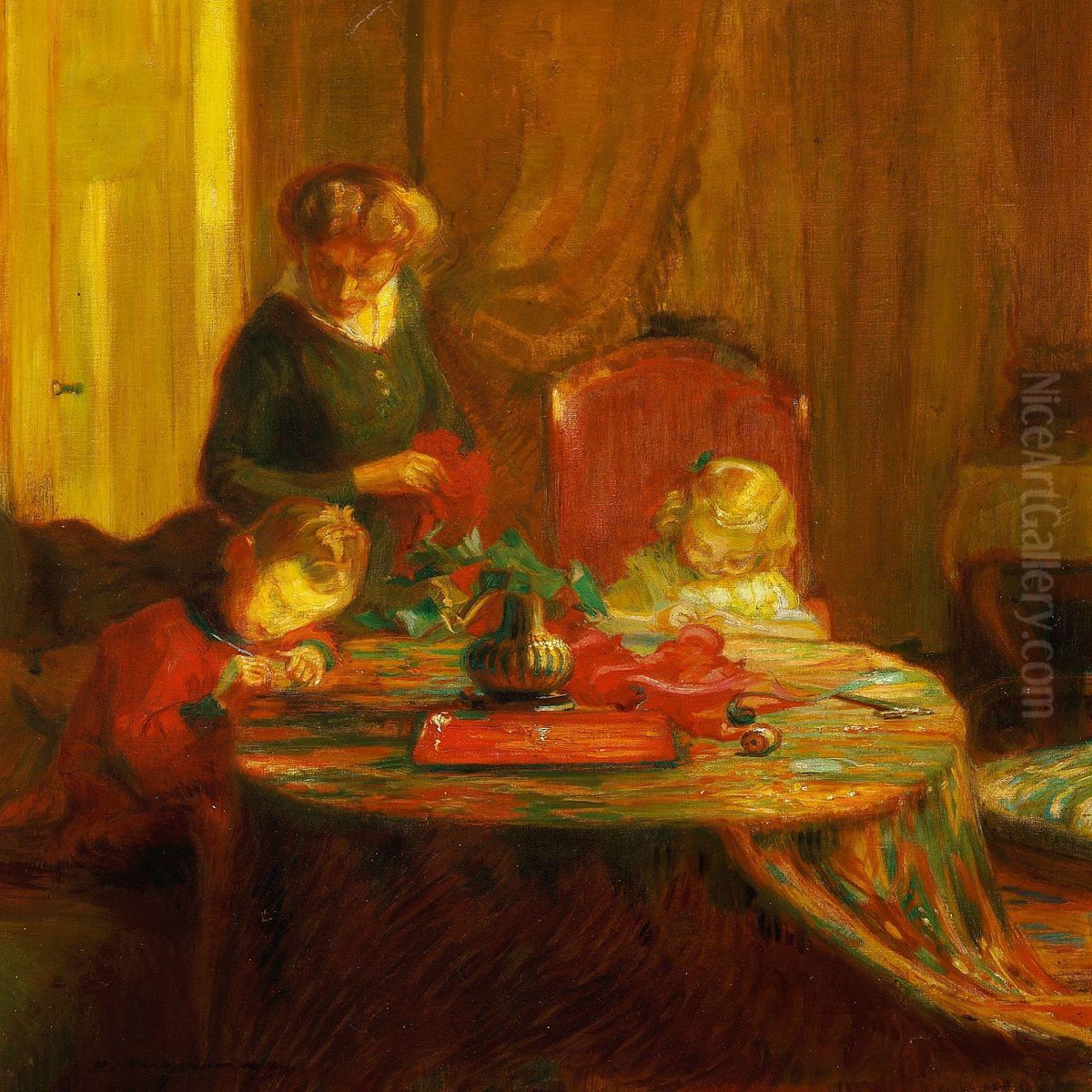 Interior With Mother And Two Children Oil Painting by Hermann Angermeyer