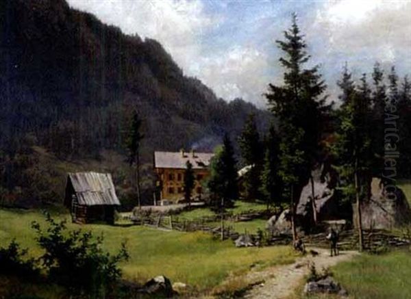 Gebirgstal Mit Bauernhaus Oil Painting by Ludwig Correggio
