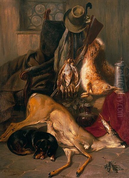 Jagdliches Stilleben Mit Erlegtem Rehbock, Hasen Und Rebhuhnern In Interieur Mit Lehnstuhl, Schlafendem Dackel Und Zinnkrug Oil Painting by Max Correggio