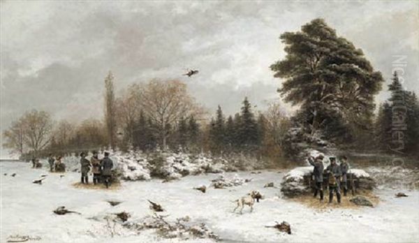 Pheasant Shooting In A Winter Landscape Oil Painting by Max Correggio