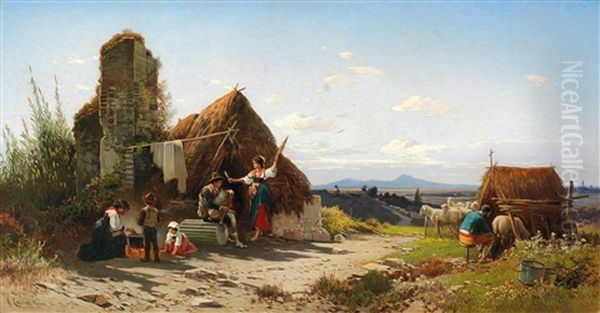A Scene Of Daily Life In The Roman Campagna Oil Painting by Hermann David Solomon Corrodi