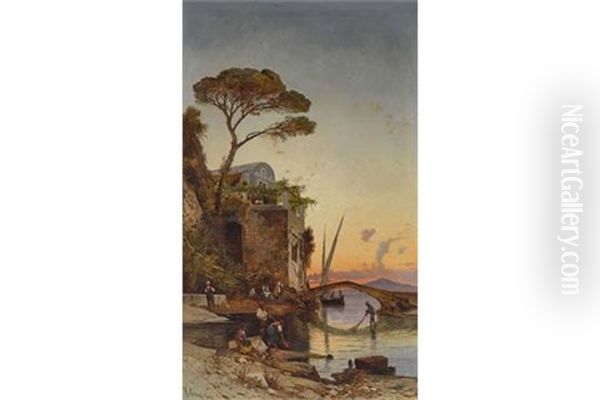 Kleiner Fischerhafen In Der Bucht Von Neapel Oil Painting by Hermann David Salomon Corrodi