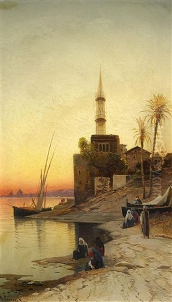 Abendliche Szene Am Nil Vor Den Pyramiden Oil Painting by Hermann David Solomon Corrodi
