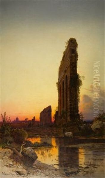 Rinderhirte Bei Der Ruine Eines Aquadukts, Im Hintergrund Die Kuppel Von Sankt Peter In Rom Oil Painting by Hermann David Salomon Corrodi
