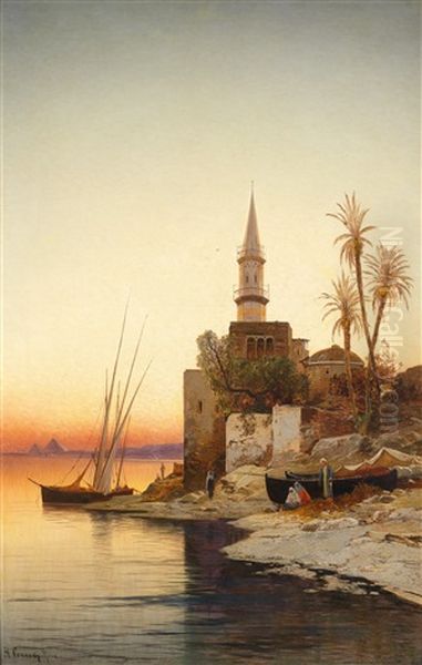 Sonnenuntergang Uber Einer Nillandschaft, Im Hintergrund Pyramiden Oil Painting by Hermann David Solomon Corrodi