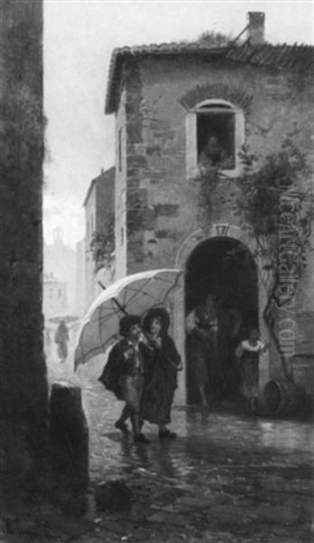 Under The Red Umbrella Oil Painting by Hermann David Salomon Corrodi