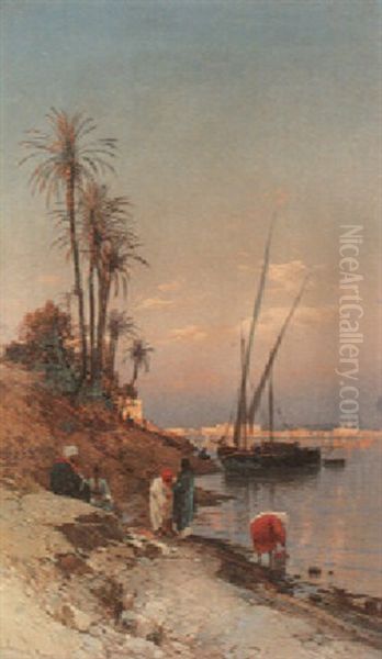 At The Water's Edge Oil Painting by Hermann David Salomon Corrodi