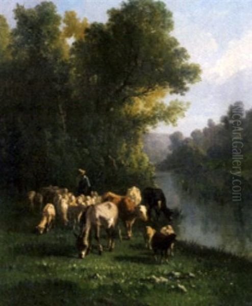 Nachmittagssonne Uber Einer Viehherde An Einer Tranke Oil Painting by Antonio Cortes Cordero