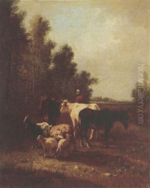 Cows, Donkey And Sheep Oil Painting by Andres Cortes y Aguilar