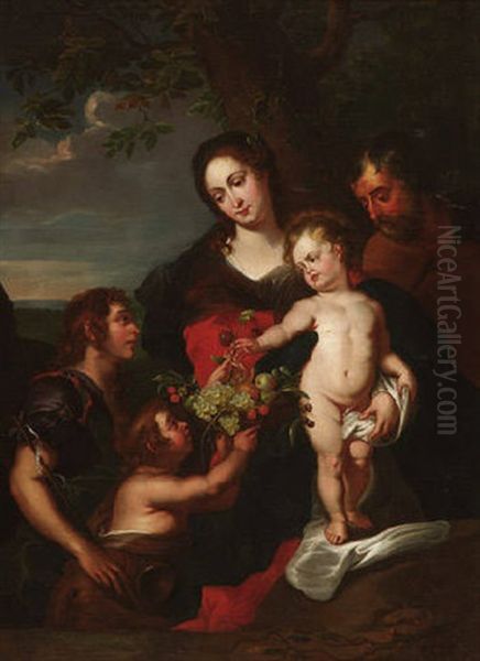 Heilige Familie Und Zwei Hirtenknaben Mit Fruchtekorb Vor Einem Baum Oil Painting by Jan Cossiers