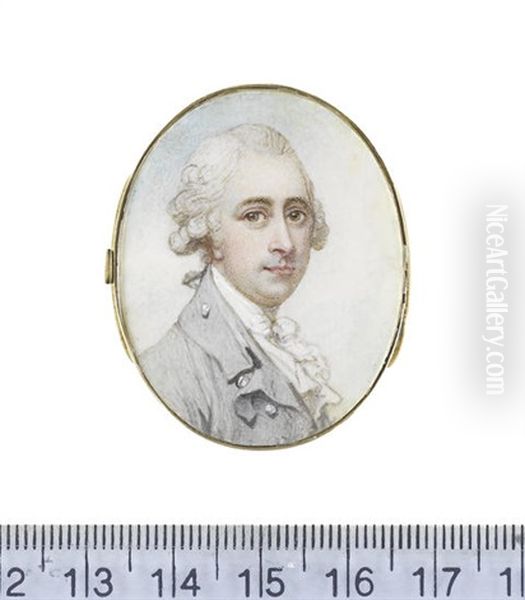 A Gentleman, Wearing Duck Egg Blue Coat, White Waistcoat, Frilled Chemise, Stock And Cravat, His Powdered Hair Worn En Queue And Tied With A Grey Ribbon... Oil Painting by Richard Cosway