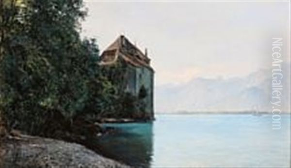 Chillon Castle By Lake Geneva, Switzerland Oil Painting by Janus Andreas Bartholin La Cour