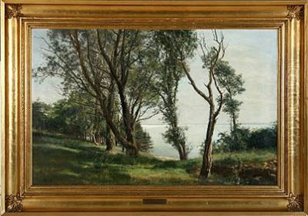 Gamle Popler Og Piletraeer. Stille Formiddag Ud Over Havet Oil Painting by Janus Andreas Bartholin La Cour