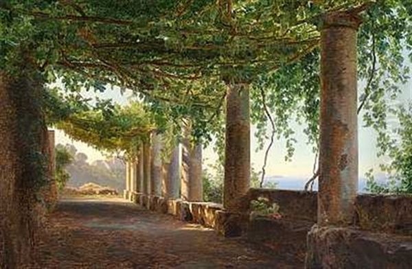 Parti Fra Italien. Udsigt Over Havet Fra En Loggia (capri?) Oil Painting by Janus la Cour