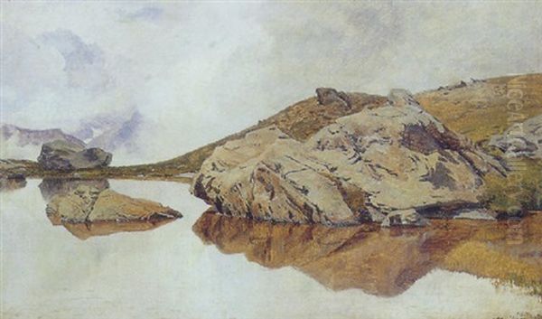 Bjergso Med Klipper Oil Painting by Janus la Cour