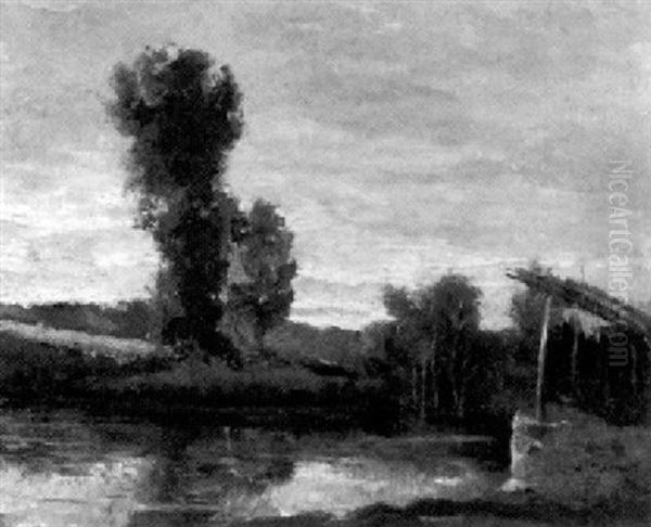 Flusslandschaft Unter Bewolktem Himmel Oil Painting by Maurice Francois Auguste Courant