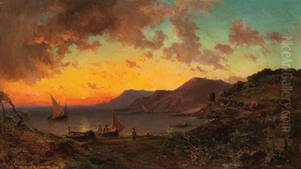 Les Pecheurs Au Coucher Du Soleil Oil Painting by Vincent Joseph Francois Courdouan