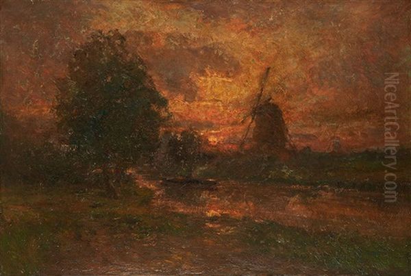 Canal De Harlem, Soleil Couchant Oil Painting by Franz Courtens