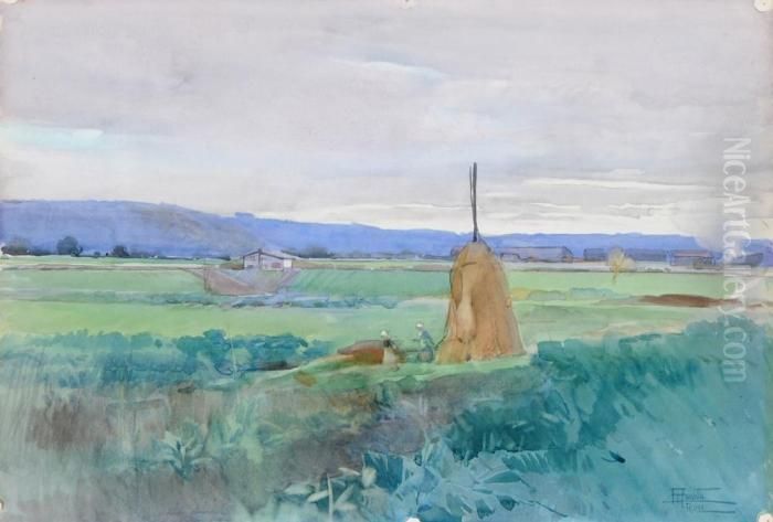 Campagna Romana Con Contadine E Covone Di Fieno Oil Painting by Filippo Anivitti