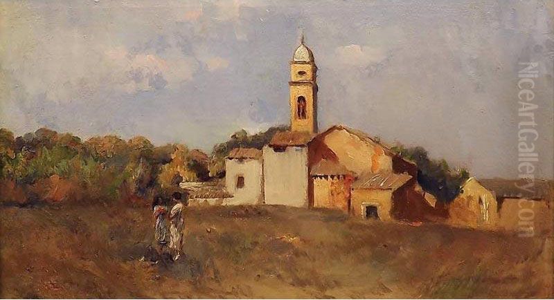 Paesaggio Con Chiesa E Figure Oil Painting by Filippo Anivitti