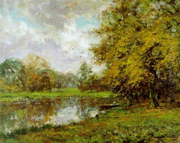 Pecheur Au Bord D'un Etang Oil Painting by Franz Courtens
