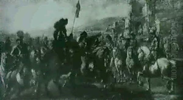 Cavalry About To Charge  A Cavalry Skirmish Oil Painting by Jacques Courtois