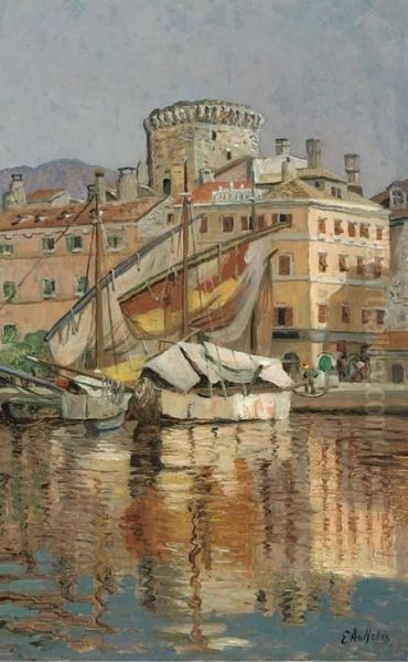 The Harbour At Spoleto Oil Painting by Eugen Ankelen